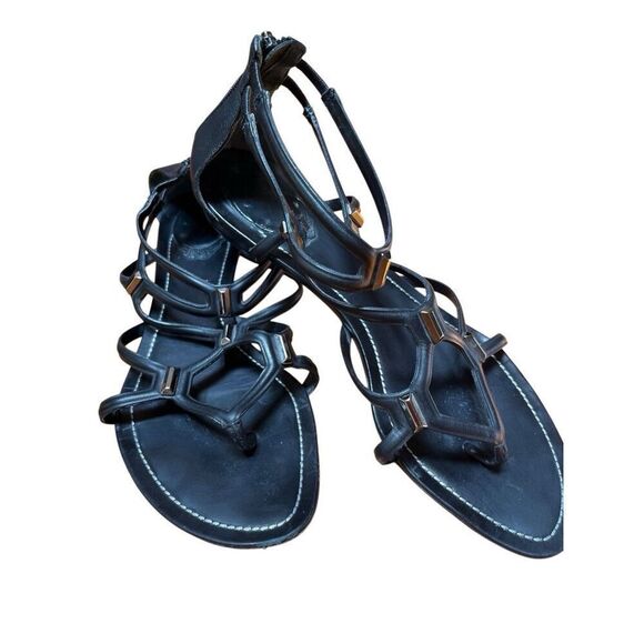 Rene Caovilla Black Leather Flat Gladiator Sandal Zip Back Silver Accent 38/8 - Picture 14 of 16